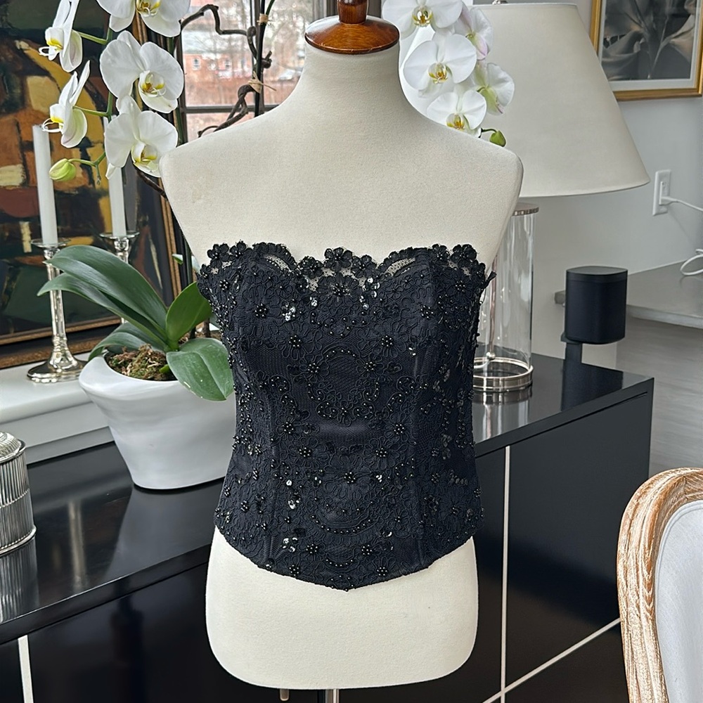 Victoria's Secret Black Beaded Lace Strapless Corset Top